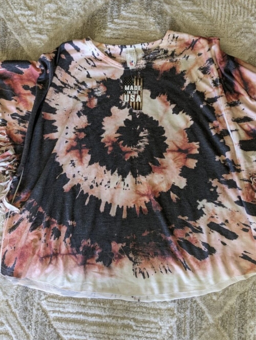 Liberty Wear 2XL/3XL Coral  And Black Tie Dye Fringe Sleeve Top